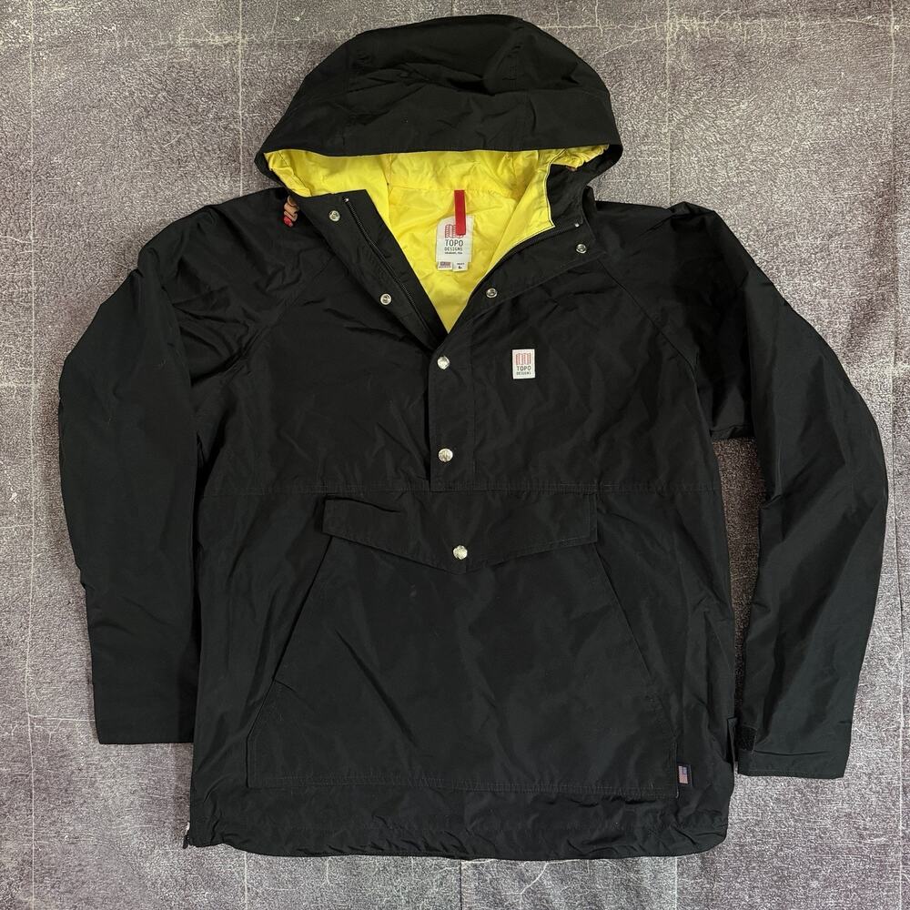 Men's Topo Designs Black Yellow Hooded Wind Anorak Windbreaker Trail Jacket Sz L